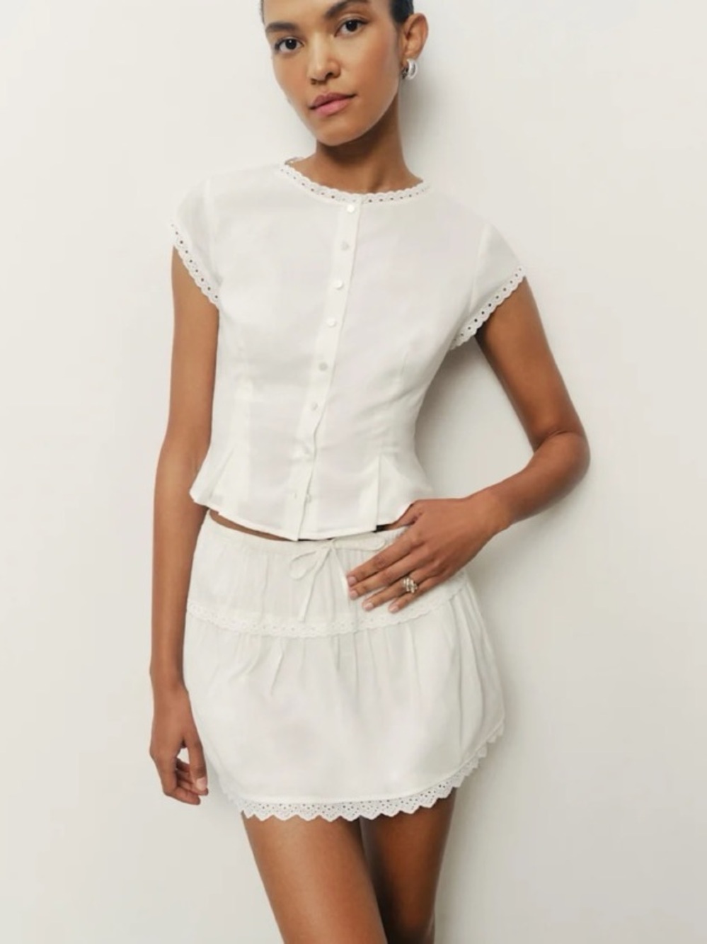 Reformation White Eyelet Trim Button-Front Top & Mini Skirt Set